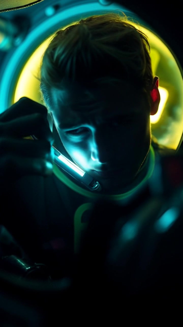 Subject: A person sealing the hatch of a submersible with urgency. Subject movement: The individual is leaning in intensely, rapidly pushing the hatch closed, visibly panicked as water begins to seep in. Scene: Inside a dark, cramped submersible cockpit filled with blinking control panels, a sense of claustrophobia prevails. Style: Dim, flickering emergency lighting highlighting the tension in the atmosphere. Motion: Close-up shot of the person in frantic motion, with the camera dynamically swaying to capture the urgency of the scene, while focusing on the intricate details of the hatch and the expression of fear.