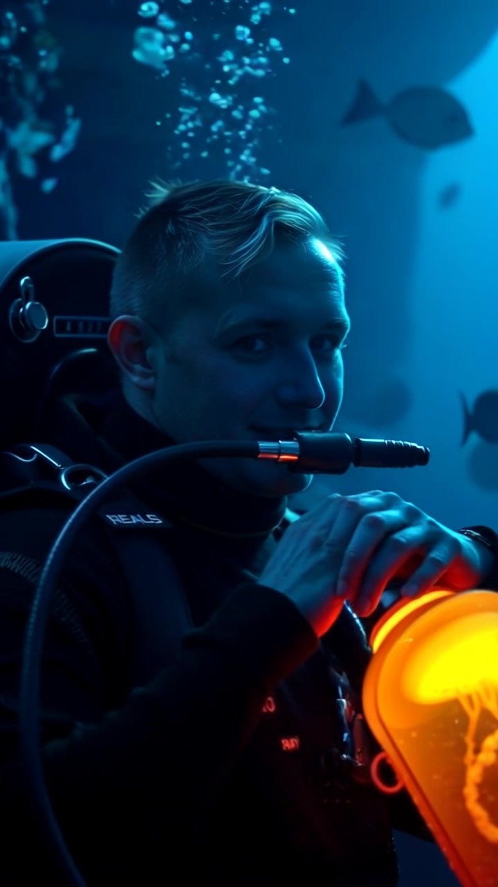 Subject: A diver adjusting his oxygen tank while submerged. Subject movement: The diver moves smoothly through the water, gently shifting his equipment to ensure proper fit. Scene: Underwater scene filled with colorful coral reefs and schools of fish gliding past. Lighting: Soft, diffused sunlight filters through the water, creating a serene underwater ambiance. Motion: Camera dynamically circles the diver, capturing the fluidity of the movements and the vibrant marine life surrounding him.