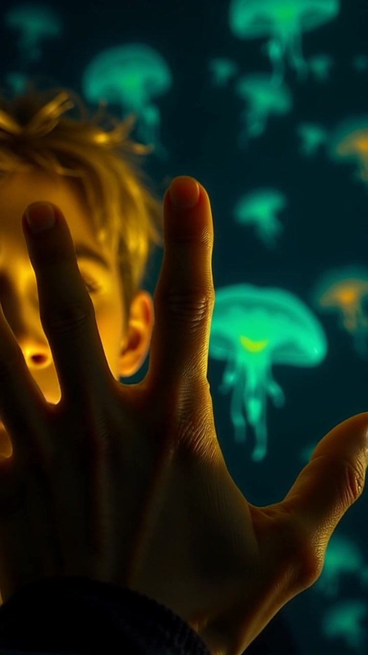 Subject: A hand reaching out into the void, fingers trembling as they grasp at the emptiness. Scene: A desolate landscape enveloped in shadows, conveying a deep sense of isolation and panic. Style: Dim, moody lighting with stark contrasts emphasizing the hand's movement against the dark surroundings. Motion: The camera slowly pushes in on the hand, capturing the urgency and desperation in its movements as it navigates the bleak atmosphere.