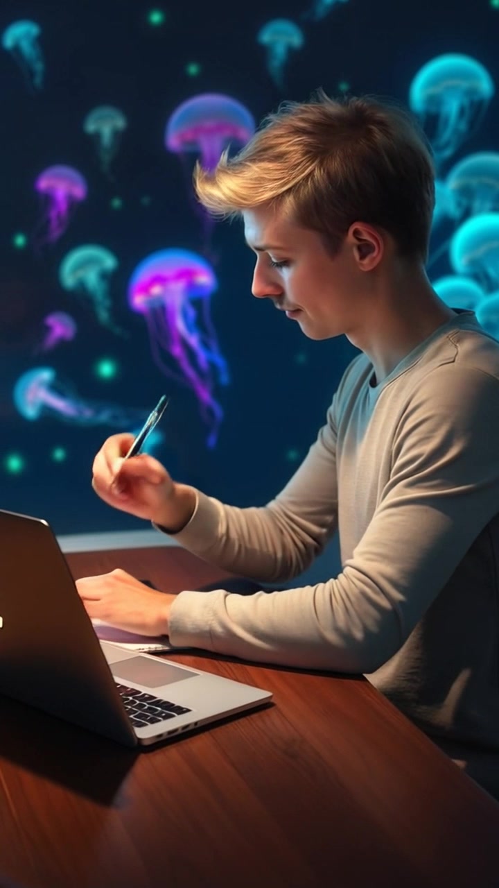 Subject: A person sitting at a table, deeply engaged with a laptop and notepad. Subject movement: They occasionally glance thoughtfully at their screen, pen poised over the notepad as if ready to jot down ideas. Scene: Cozy indoor café, warm wooden furniture, minimalist decor with a few plants. Style: Soft, ambient lighting creating an inviting and focused atmosphere. Motion: Camera gently zooms in and out, capturing the person's expressions and the details of the notepad as they process information.
