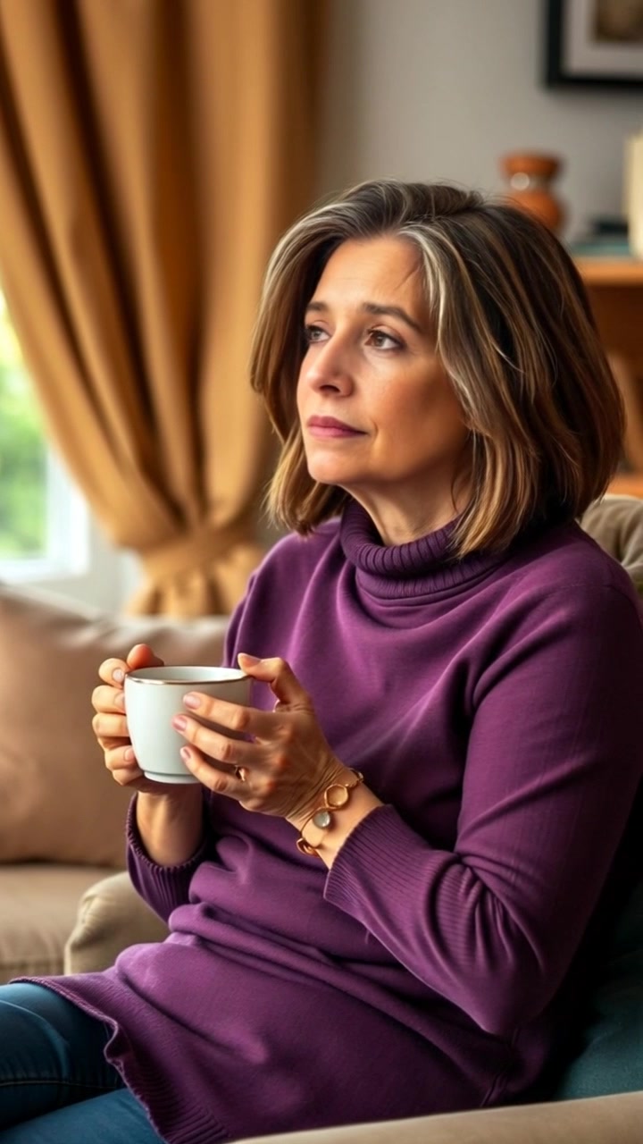 Subject: A person sitting on a couch, holding a coffee cup and looking thoughtfully. Subject movement: The person shifts slightly to adjust their position, creating a subtle sense of introspection. Scene: A cozy living room filled with warm colors and inviting decor, featuring a bookshelf and a flowering plant nearby. Style: Soft, ambient lighting illuminating the room, creating a serene atmosphere. Motion: The camera gently zooms in, focusing on the person's expression, while the soft sounds of a crackling fireplace fill the background.