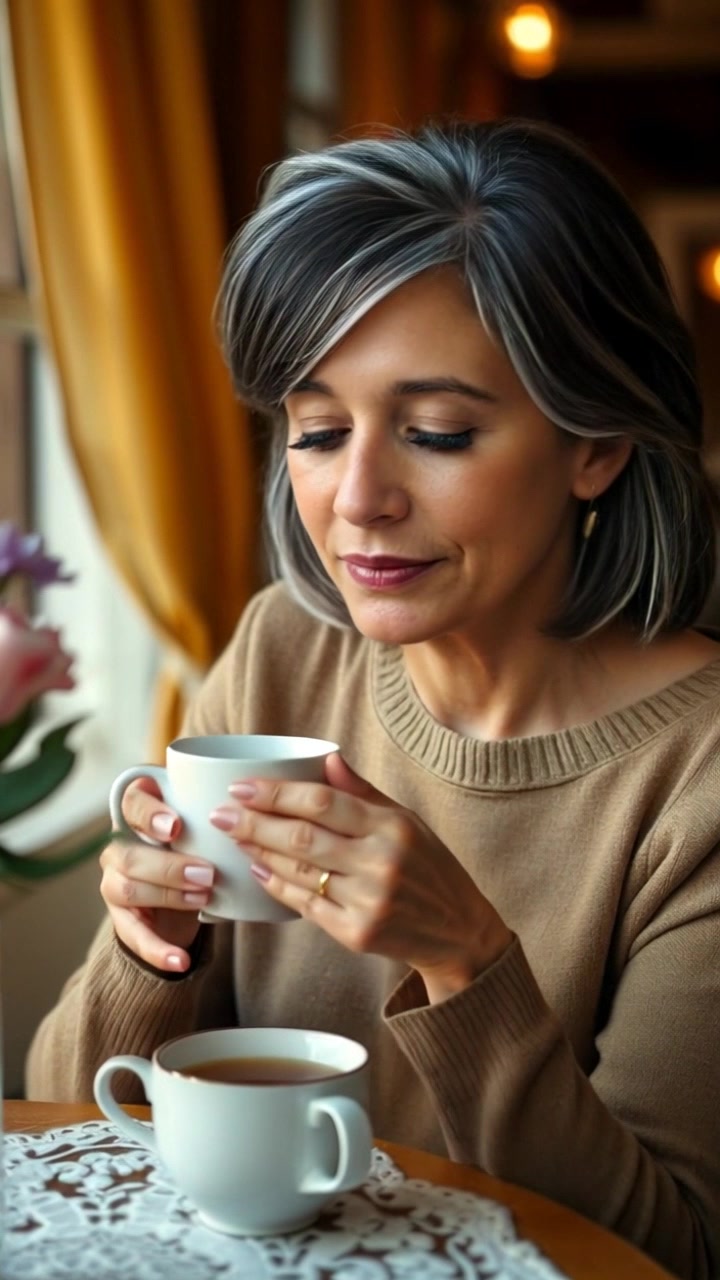 Subject: A woman named Sara sitting at a cozy table. Subject movement: She gently lifts a cup of tea to her lips, pausing in a moment of contemplation. Scene: A warm, inviting café atmosphere with soft lighting and rustic decor. Style: Ambient lighting casting a glow over the scene, enhancing the cozy feel. Motion: Camera slowly pushes in on Sara's thoughtful expression, creating an intimate focus on her contemplative moment.