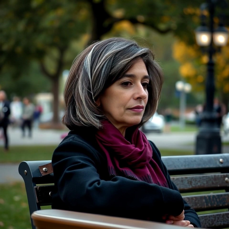 Subject: A woman sitting on a park bench. Subject movement: She shifts slightly, casting a wistful glance at the bustling pedestrians. Scene: A vibrant park filled with trees and people moving around in a lively manner. Style: Soft, natural light of an overcast day creating a calm yet pensive atmosphere. Motion: The camera captures a smooth push-in towards the woman, subtly defocusing the background to emphasize her contemplative state amid the activity.