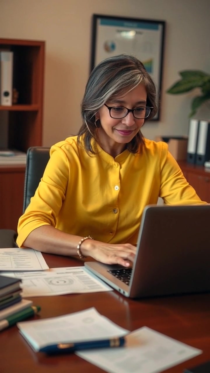Subject: A focused individual sitting at a desk. Subject movement: She types diligently on her laptop, occasionally glancing at the scattered paper documents around her. Scene: An office setting with a modern desk, ambient lighting creating a productivity-focused atmosphere. Motion: The camera performs a smooth push-in, highlighting her concentration while capturing the various office elements in the background, creating a sense of engagement and determination.