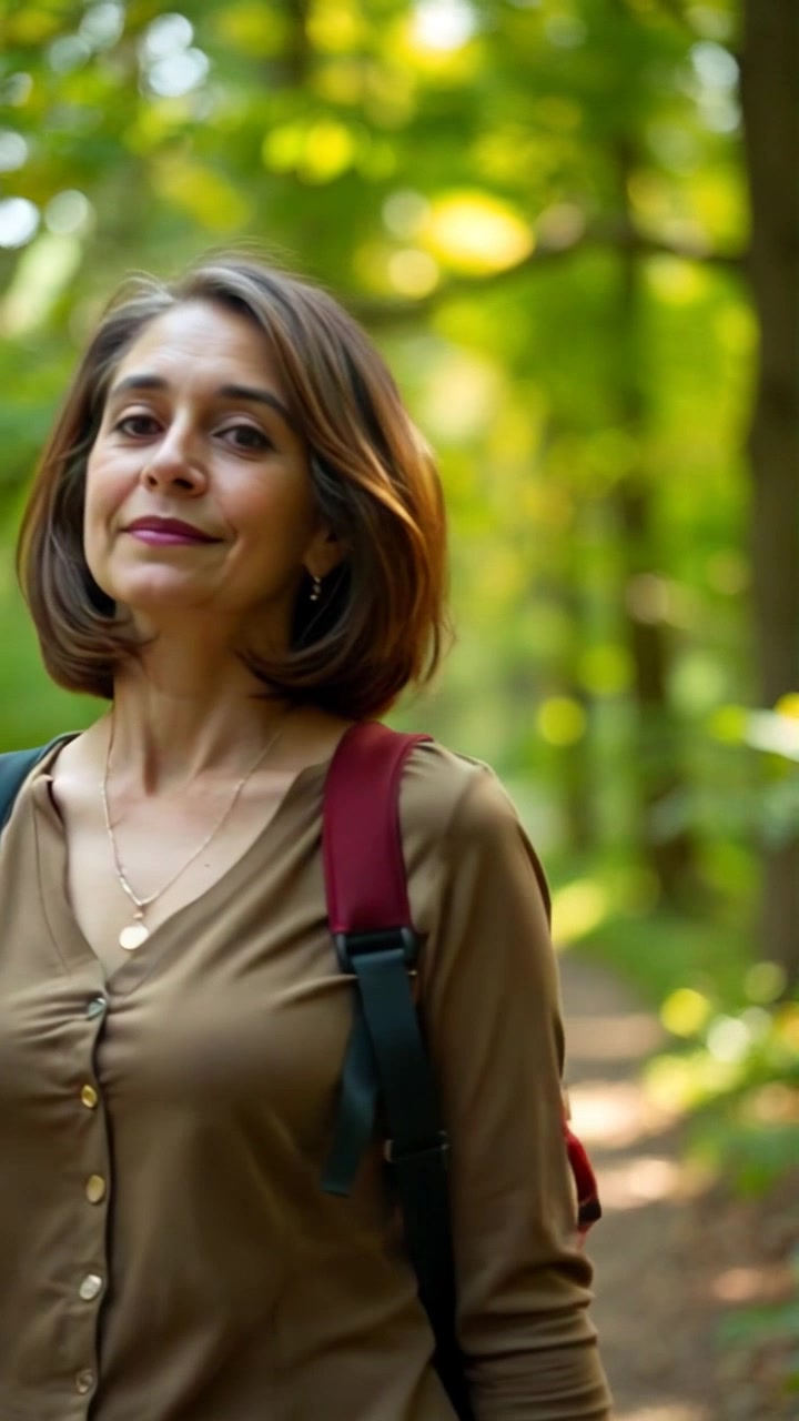 Subject: Sara walking through a lush forest with sunlight filtering through the dense canopy of trees. Subject movement: Sara moves gracefully along a winding path, her arms gently brushing against the leaves. Scene: A vibrant forest filled with rich greenery and dappled sunlight creating dynamic patterns on the forest floor. Style: Warm, natural sunlight enhancing the colorful foliage, creating an inviting atmosphere. Motion: The camera follows Sara with a smooth tracking shot, weaving through the trees as she walks, revealing the enchanting scene around her.
