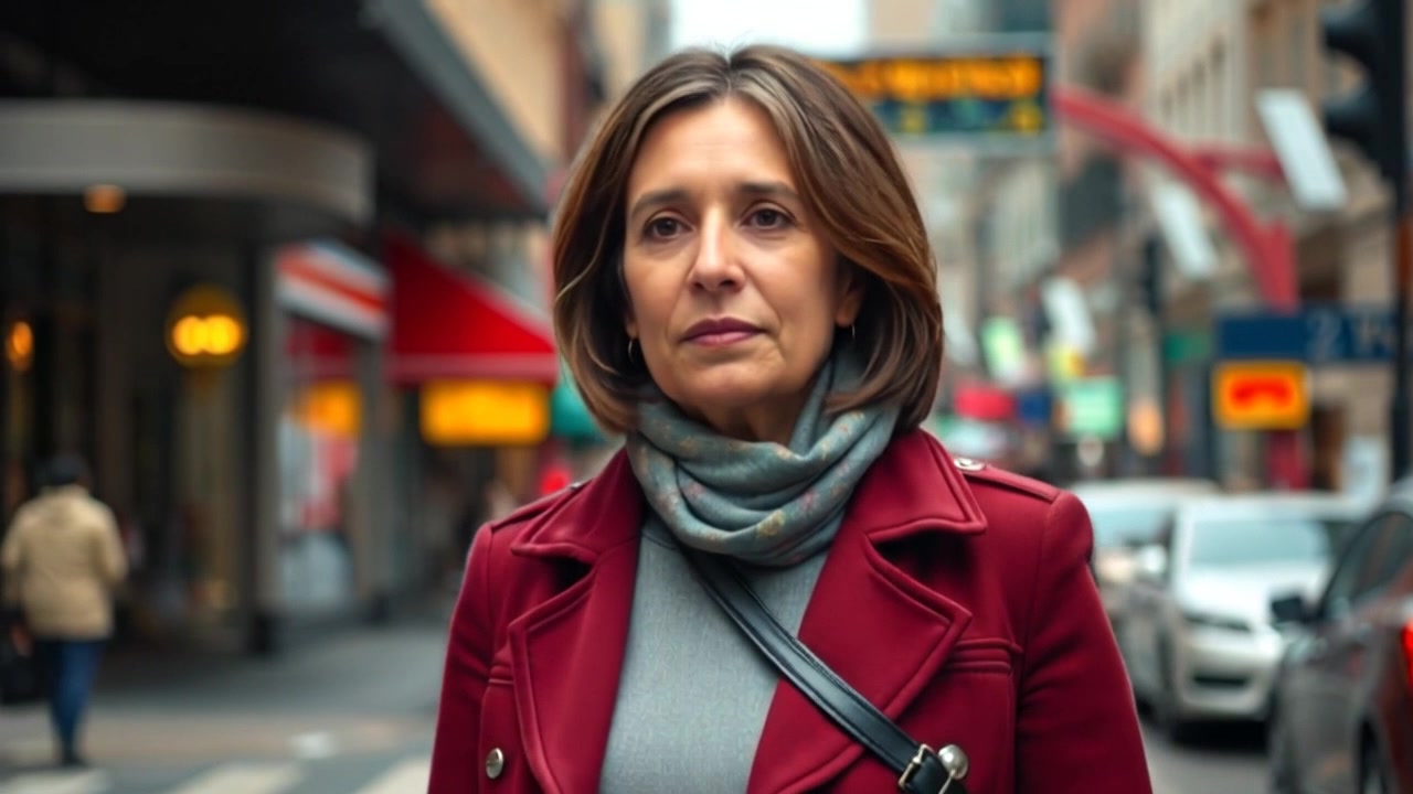 Subject: A confident individual walking through a bustling city street. Subject movement: Sara strides purposefully down the street, her expression determined. Scene: Vibrant cityscape filled with lively shops and pedestrians, showcasing a dynamic urban atmosphere. Lighting: Bright, midday sunlight illuminating the scene, highlighting the energy of the city. Motion: Camera follows closely alongside, maintaining a smooth tracking shot that captures the movement and energy of Sara as she navigates the lively streets.