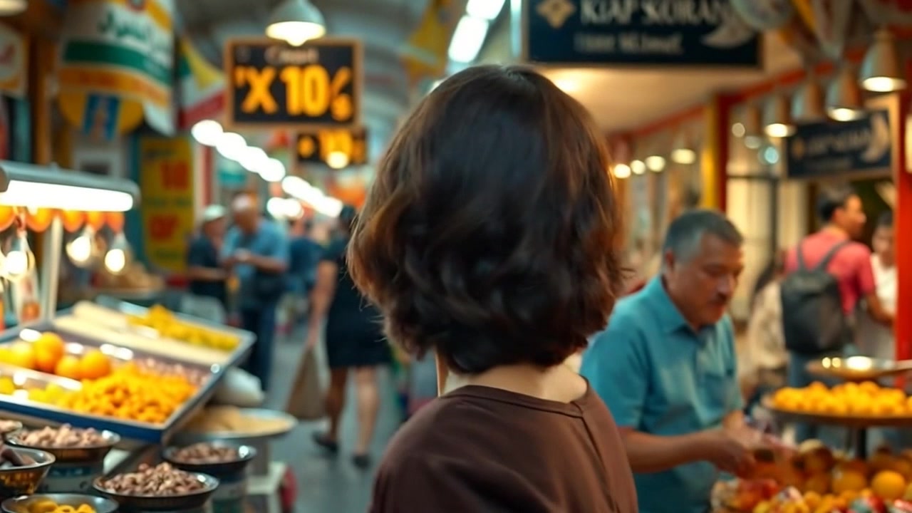 Scene: A bustling market filled with vendors selling traditional foods and crafts, vibrant colors and lively interactions all around. Style: Bright, natural lighting enhancing the rich textures of artisan goods and fresh produce. Motion: The camera glides through the market, weaving between stalls and people, capturing the energy and variety of the scene with a smooth tracking shot.