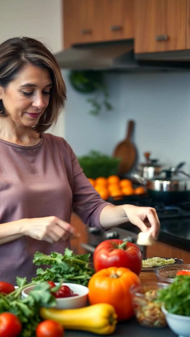 Subject: Sara stands in her kitchen, chopping fresh vegetables on the counter. Subject movement: She moves her hands deftly, reaching for ingredients and skillfully slicing them. Scene: A modern kitchen filled with colorful vegetables, wooden cabinets, and natural light pouring in from a nearby window. Lighting: Bright, airy morning light illuminating the workspace. Motion: The camera smoothly pans around the kitchen, capturing the rhythmic motions of Sara as she prepares her meal, emphasizing the vibrant colors of the vegetables.