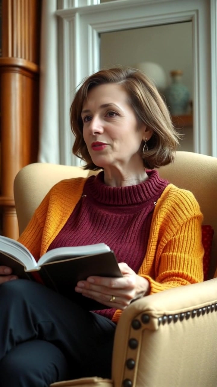 Subject: A woman sitting comfortably in a cozy armchair, book in hand, speaking confidently. Scene: A warm, inviting living room with soft lighting, surrounded by bookshelves filled with various books and a gentle glow from a nearby lamp. Motion: The camera slowly pushes in on her, capturing her animated expressions as she engages warmly with an unseen listener.