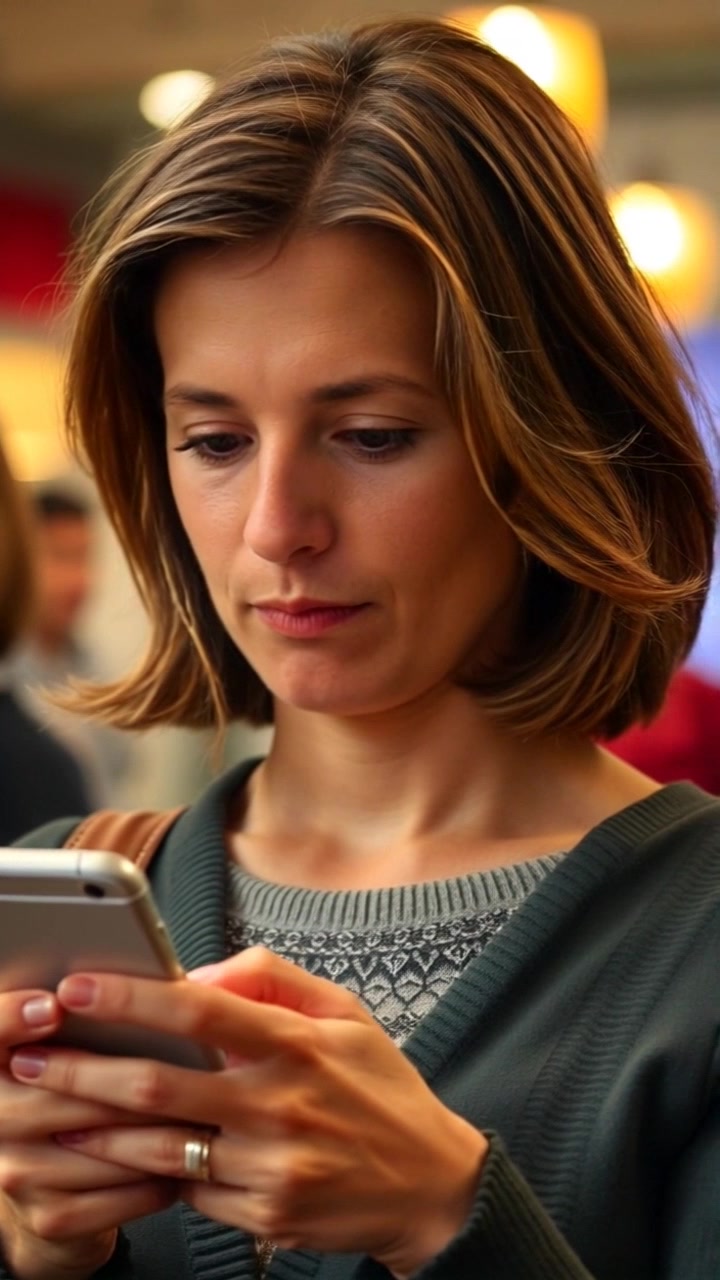 Subject: A female figure, deeply focused on her smartphone. Subject movement: She shifts weight slightly from one foot to another, conveying impatience and anticipation. Scene: A dimly lit room with soft shadows, minimalistic decor. Style: Warm, inviting lighting creating a cozy atmosphere as the anticipation builds. Motion: The camera slowly pushes in to capture her expression, enhancing the feeling of waiting and tension.