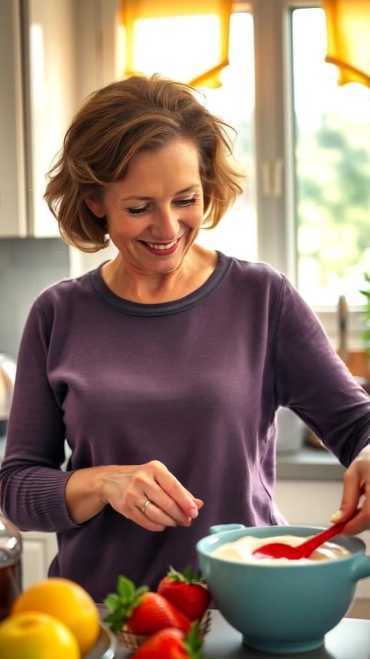 Subject: A woman named Susan in the kitchen, preparing breakfast with a warm smile. Subject movement: She stirs a pot on the stove, her movements fluid and cheerful as the sunlight streams through the window, illuminating her face. Scene: Bright kitchen filled with morning light, warm colors enhancing the inviting atmosphere. Motion: Camera slowly pushes in, capturing the details of the cooking process and Susan's joyful expression, creating an intimate, cozy feeling.