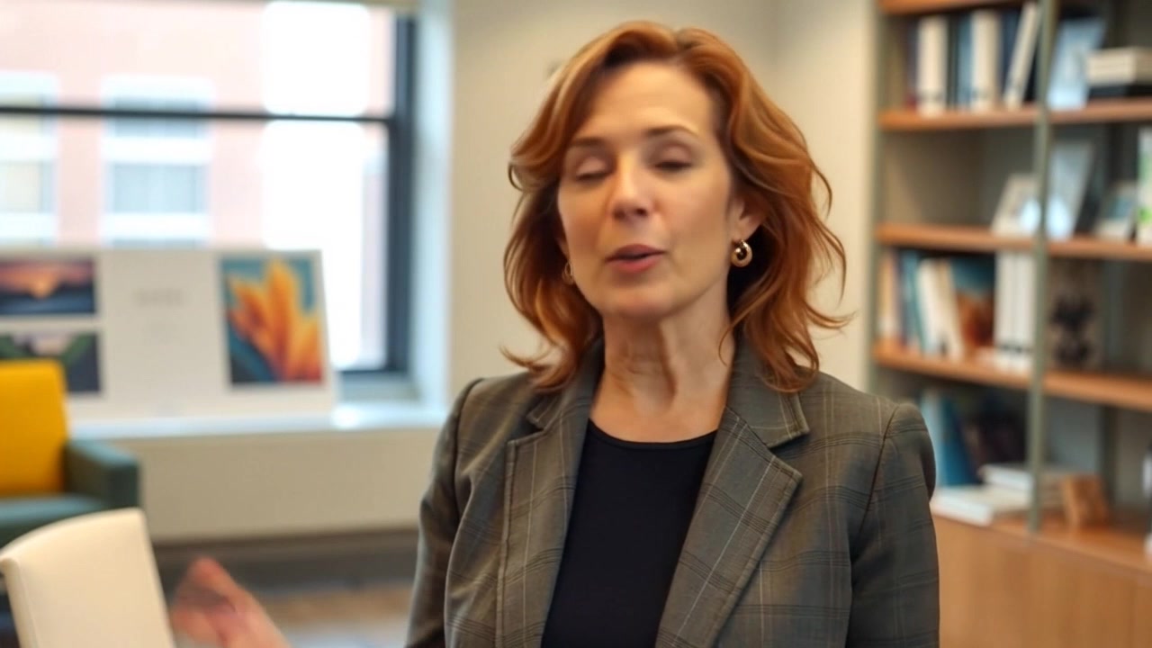 Subject: A confident speaker in her office, passionately discussing her experiences as a public servant. Subject movement: She gestures animatedly, emphasizing key points in her narrative. Scene: A modern office space filled with books and motivational quotes on the walls, a large window allowing natural light to flood in. Style: Morning light illuminating the room with a warm, inviting atmosphere. Motion: Camera pushes in slowly to capture her expressions and movements, then pans gently to showcase the vibrant office surroundings.