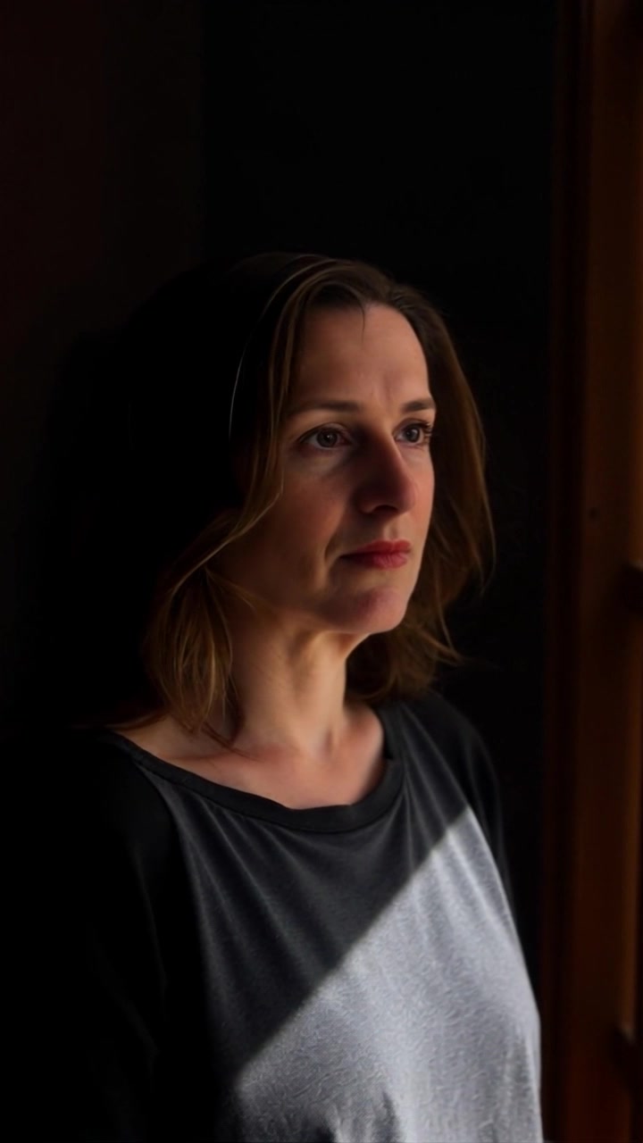 Subject: A person in deep contemplation, standing in a dimly lit room. Scene: The dim, shadowy room adds to the contemplative atmosphere as soft light playfully highlights the subject's features. Motion: The camera slowly pushes in on the subject, creating a sense of intimacy, while the ambient lighting casts dramatic shadows that enhance the mood of reflection.
