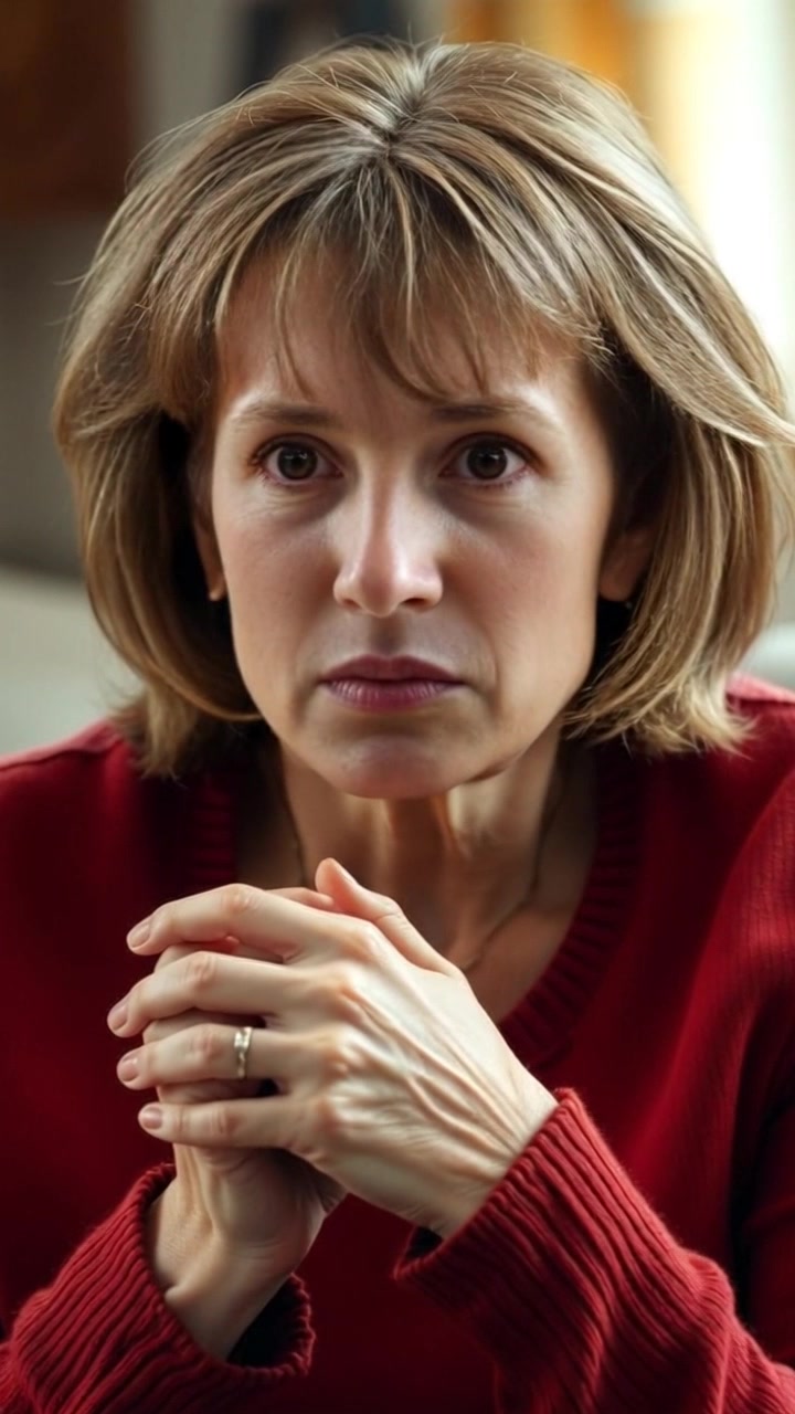 Subject: A close-up of an anxious person, hands tightly clasped in their lap. Scene: A softly lit room with warm tones that convey a tense atmosphere. Motion: The camera gently zooms in on the subject's face, focusing on their expressions and glancing between their hands, while ambient light plays softly across the scene, enhancing the feeling of unease.