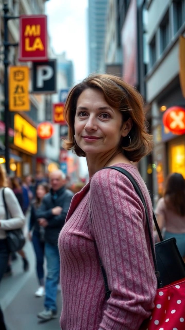 Subject: A woman named Susan. Subject movement: Susan turns slightly, glancing over her shoulder as pedestrians bustle past her. Scene: A vibrant, bustling city street filled with people and colorful storefronts. Lighting: Bright afternoon light casting dynamic shadows. Motion: Camera performs a smooth tracking shot, following Susan's gaze and capturing the energy of the street as it unfolds behind her.