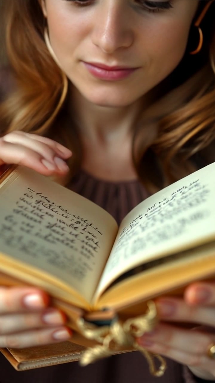 Scene: A close-up of hands opening an old journal, showcasing the aged leather cover and revealing handwritten notes inside. Style: Soft, warm lighting that creates an inviting atmosphere, enhancing the textures of the journal. Motion: The camera gently pushes in on the journal as the pages flutter open, capturing the intricate details of the handwriting and the aged paper.
