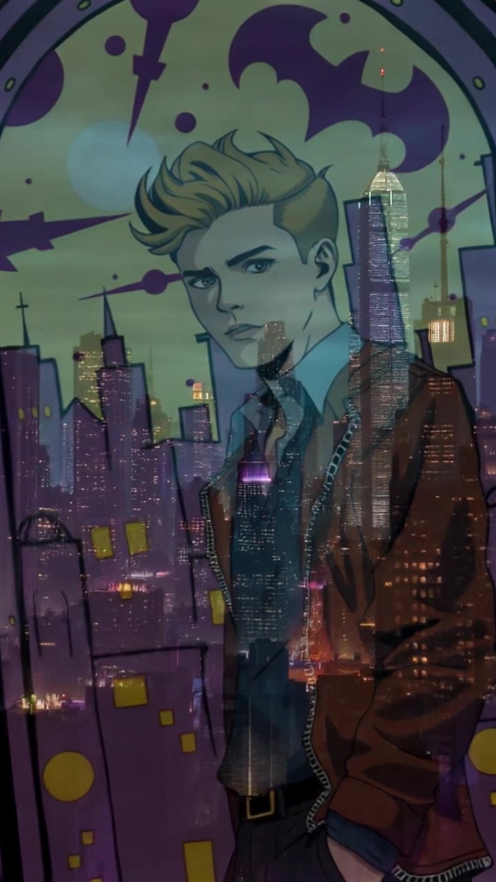 Subject: A figure stepping through a shimmering portal. Subject movement: The figure moves cautiously into the unknown, glancing around in awe and confusion. Scene: A chaotic skyline of Gotham looms in the background, characterized by towering skyscrapers and a moody atmosphere. Style: Dim, neon-lit ambiance enhances the dramatic tension of the scene. Motion: Camera captures a close-up on the figure's expression as they step through, then pans out to reveal the sprawling city behind them, creating a sense of depth and scale.