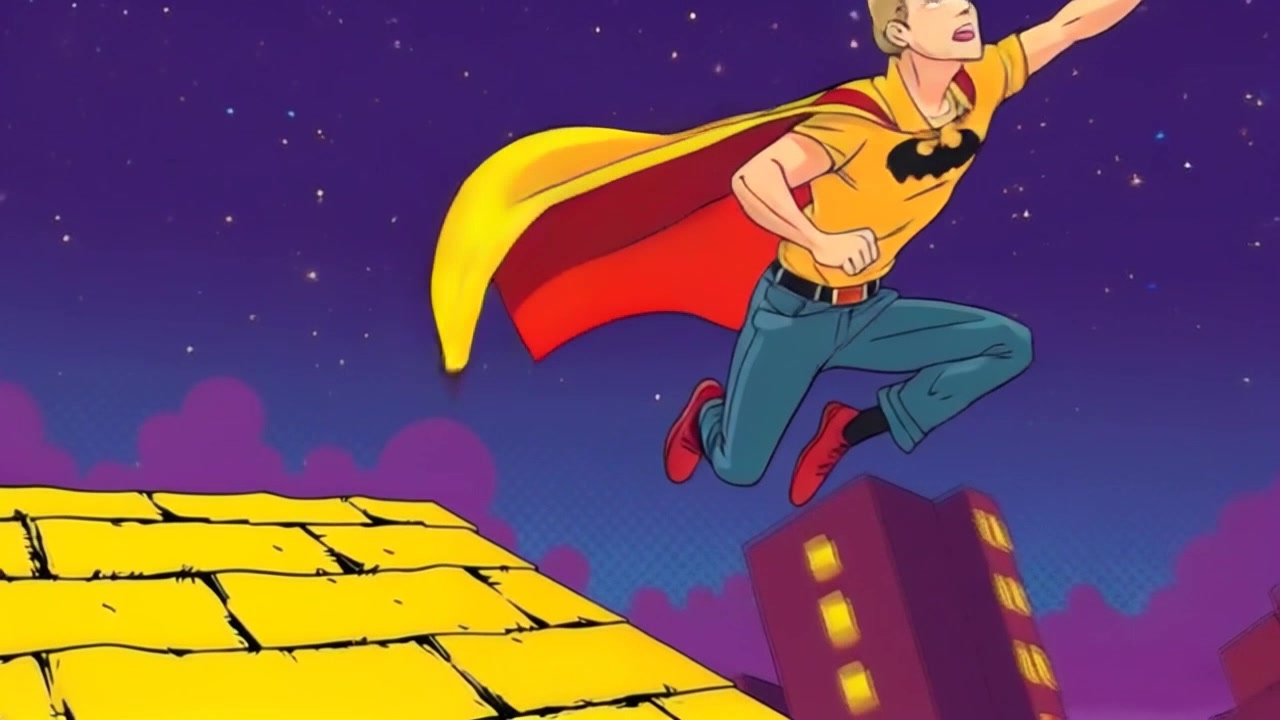 Subject: A figure in a dynamic leap from a rooftop. Subject movement: The figure soars into the night sky, cape billowing dramatically behind them. Scene: Rooftop view in an urban environment, illuminated by city lights and a starry sky. Style: Dimly lit scene with vivid pops of urban neon colors, creating a striking contrast against the darkness. Motion: The camera performs a dramatic push-in as the figure launches into the air, capturing the excitement and freedom of the moment.