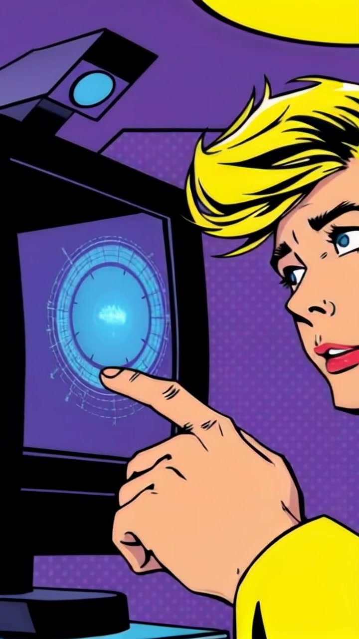 Subject: A concentrated individual pointing towards a glowing monitor displaying a strange energy signature. Subject movement: The person leans slightly forward, emphasizing their focus on the display. Scene: Modern tech workspace filled with screens and blinking lights, creating a high-tech atmosphere. Style: Cool, ambient lighting with a hint of neon glow reflecting off the surfaces. Motion: Camera performs a slow push-in towards the monitor, capturing the intricate details of the energy signature as the person's finger highlights its significance.
