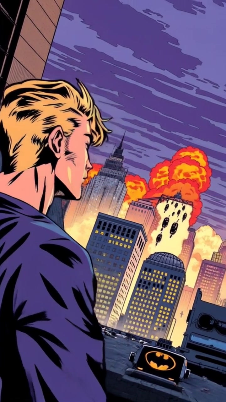 Scene: A dramatic view of Gotham City from a first-person perspective, with towering skyscrapers silhouetted against a smoky sky and distant explosions lighting up the horizon. Style: Moody, dark lighting combined with flashes of orange from the explosions, creating a tense, gripping atmosphere. Motion: The camera slowly pans out, revealing more of the cityscape as smoke billows in the distance, enhancing the sense of impending danger.