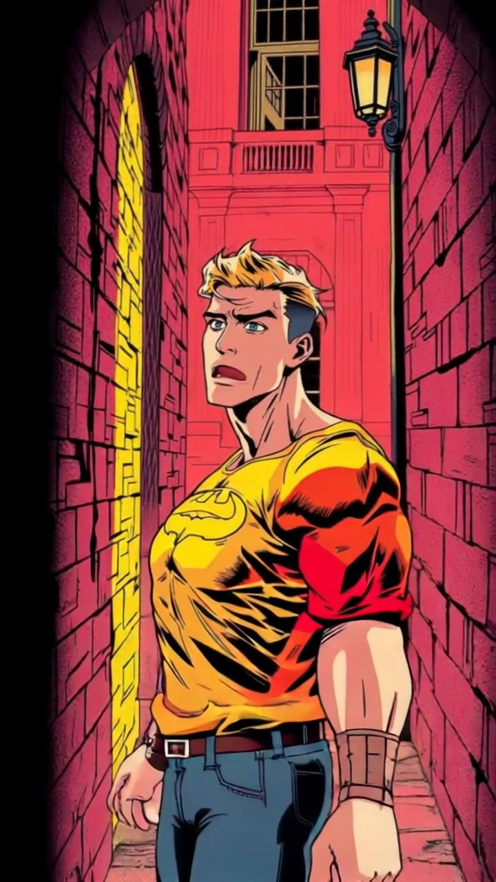 Subject: A person stepping out of a glowing portal. Subject movement: The person emerges from the portal, appearing confused and slightly aggressive, taking a step forward into the dark alley. Scene: Dimly lit Gotham alley, with shadows casting dramatic shapes against the brick walls. Style: Moody, contrast-rich lighting illuminating the alley, creating an ominous atmosphere. Motion: The camera smoothly pushes in as the person steps out, capturing their facial expression and the surrounding details of the alley in an eerie stillness.