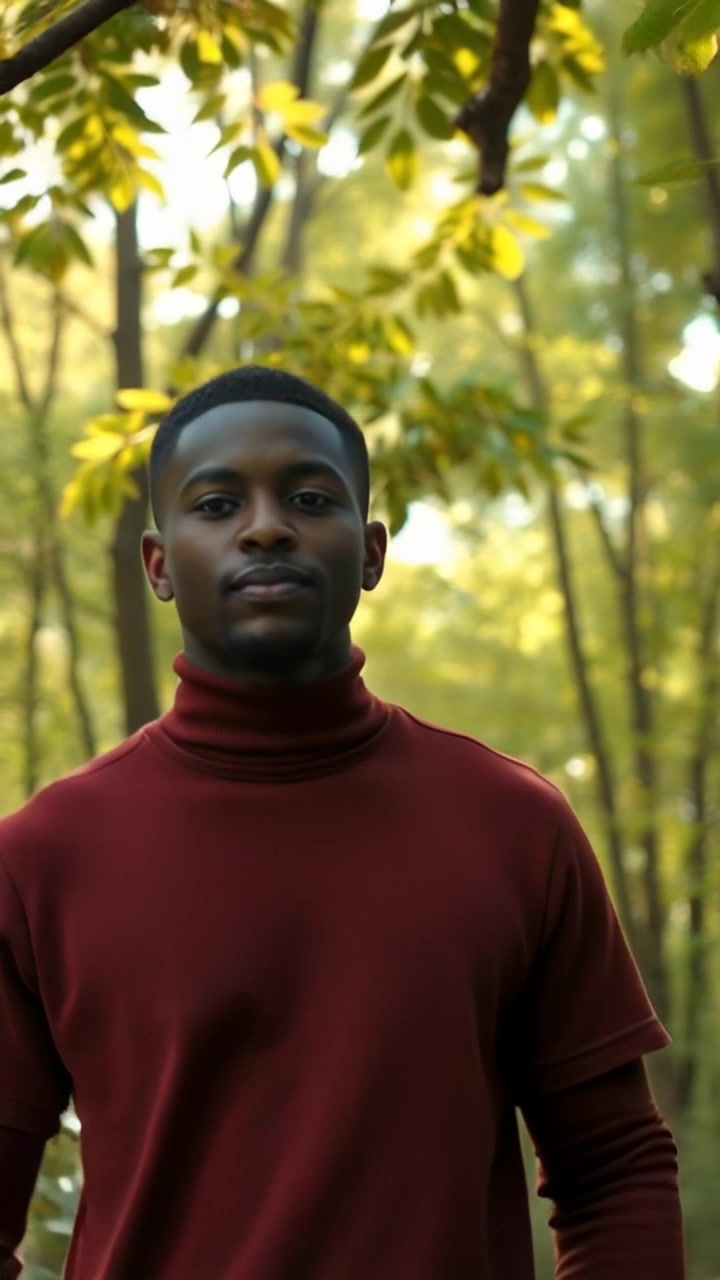 Subject: Isaiah walking through a dense forest. Subject movement: Isaiah strolls calmly along a winding path, occasionally pausing to admire the sunlight filtering through the leaves. Scene: Sun-dappled dense forest with lush greenery and towering trees. Style: Morning light casting a warm glow through the foliage, creating a vibrant atmosphere. Motion: The camera gently follows Isaiah, panning smoothly to capture the interplay of light and shadow on the forest floor.