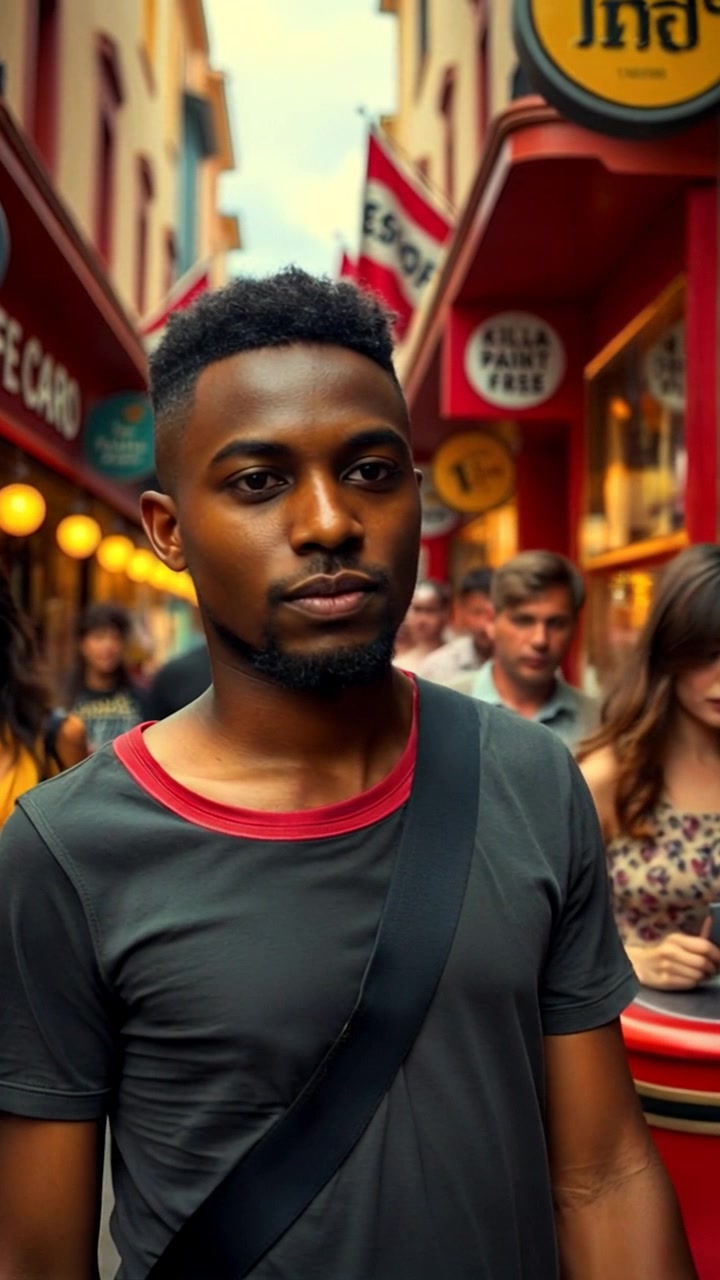 Scene: A vibrant, bustling street filled with shops and people, highlighting the energy of urban life. Subject movement: Isaiah walks purposefully past the shops, while the crowd around him engages in their daily activities. Motion: The camera smoothly glides alongside him, capturing the lively atmosphere and dynamic interactions in a lively, immersive shot. Lighting: Bright daylight illuminates the scene, creating a lively and inviting ambiance.