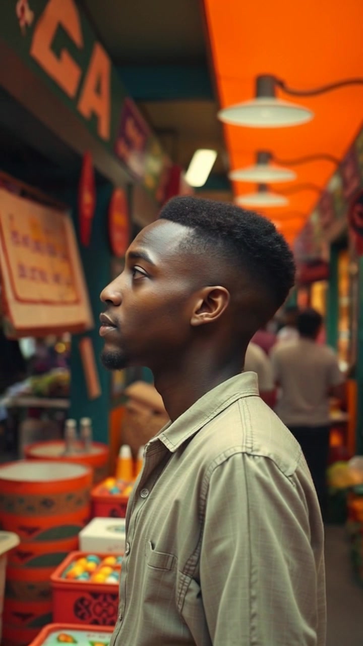 Subject: Isaiah standing in a bustling market. Subject movement: Isaiah looks around excitedly, taking in the colorful stalls and lively atmosphere. Scene: A vibrant market filled with various stalls, each showcasing bright textiles and fresh produce, with crowds moving about. Lighting: Bright, natural light illuminating the market, casting cheerful shadows. Motion: Camera performs a dynamic tracking shot, weaving through the bustling crowd, capturing the energy and colors of the market while focusing on Isaiah's expressions.