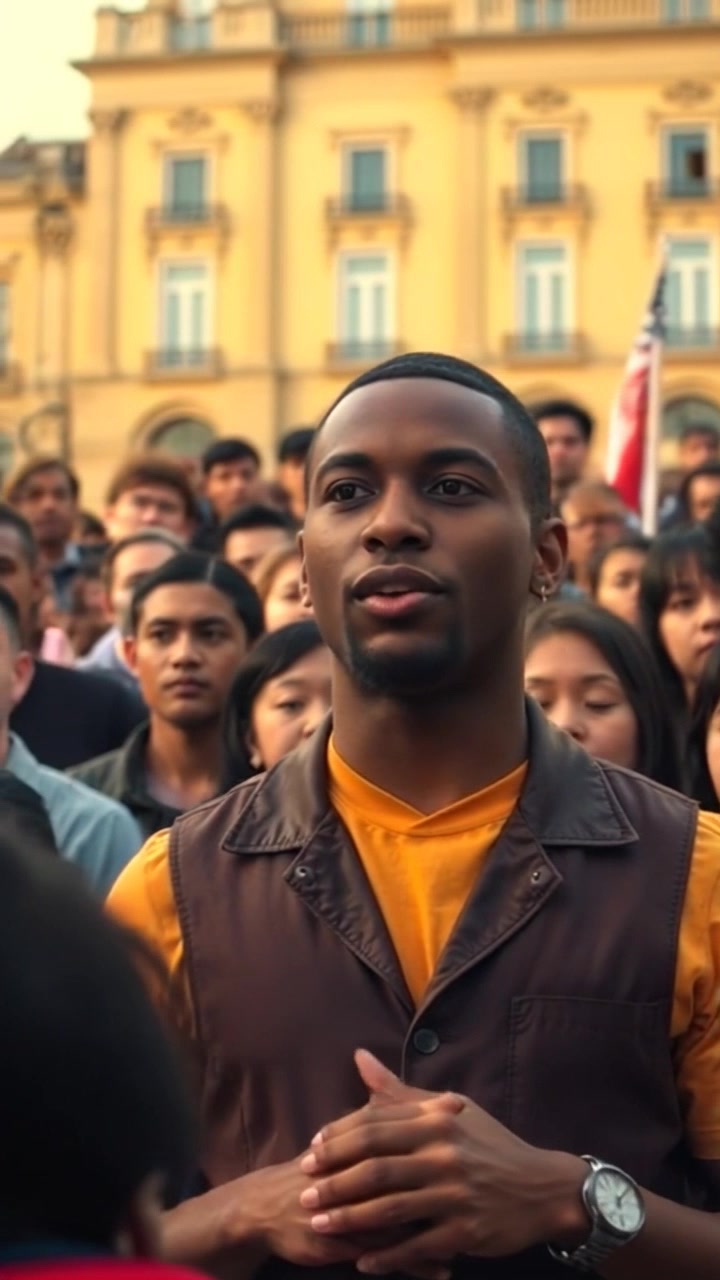 Subject: A passionate speaker delivering an inspiring speech. Scene: A crowded outdoor event, with a diverse audience captivated by the speaker's words. Style: Warm, golden-hour lighting enhancing the emotional tone of the moment. Motion: The camera smoothly pans from the audience to the speaker, capturing the vibrant energy and engagement, with close-ups on faces showing inspiration.