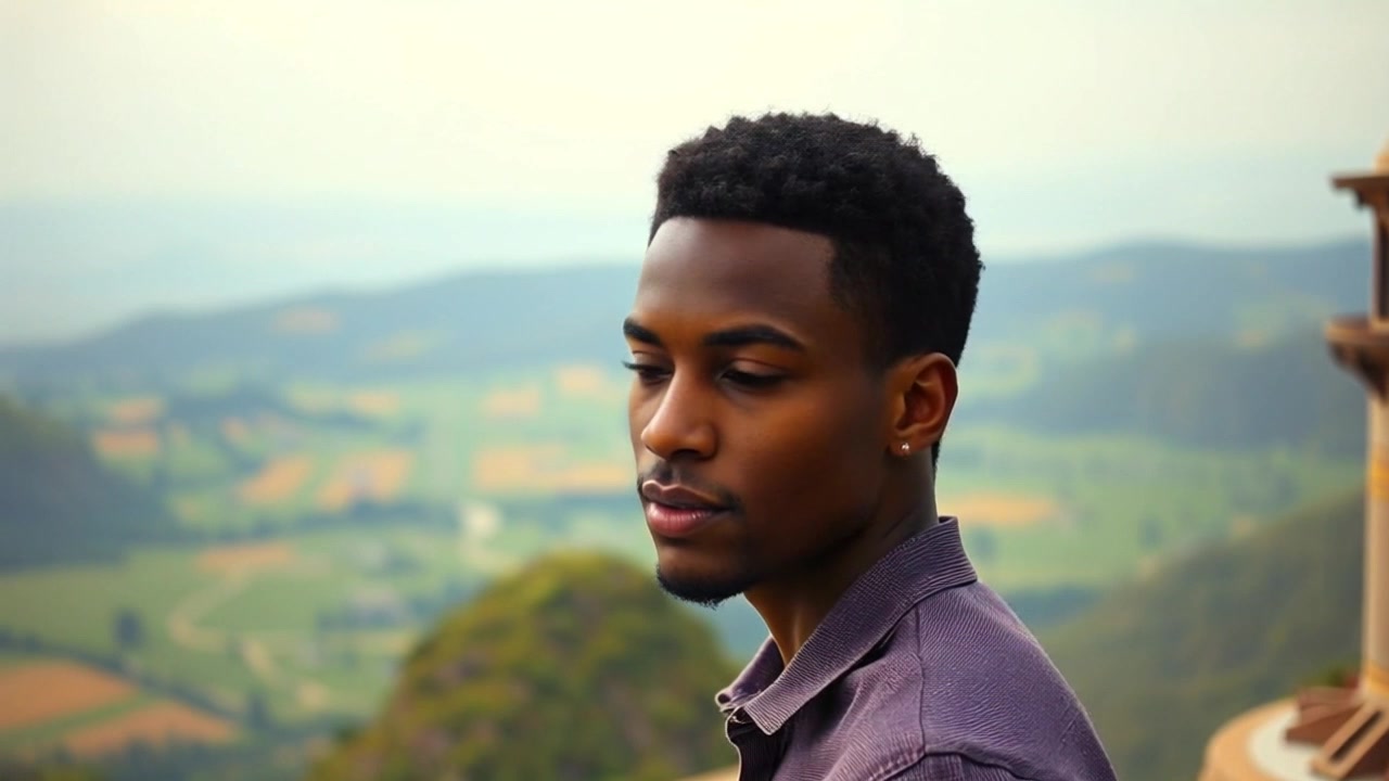 Subject: A determined young man standing on a hilltop. Scene: Hilltop overlooking a vibrant, fantastical landscape filled with colorful flora and whimsical architecture in the distance. Lighting: Dramatic sunset casting warm, golden hues across the scene, enhancing the fantastical elements. Motion: Camera begins with a close-up on the subject's determined expression and then smoothly pans out to reveal the breathtaking landscape behind him, creating a sense of scale and adventure.