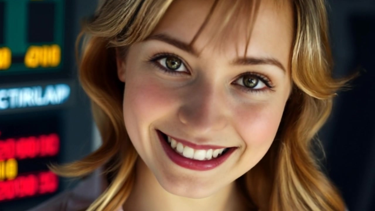Subject: A young woman with a playful smile, eyes sparkling with mischief. Subject movement: She playfully leans forward, tilting her head slightly to the side as she engages with the camera. Scene: Close-up shot of a young woman in a bright, vibrant environment that enhances her cheerful demeanor. Style: Soft, diffused morning light filtering through, creating a warm and inviting atmosphere. Motion: The camera gently pushes in on her face, capturing the glimmer in her eyes, while a slight bokeh effect blurs the background.