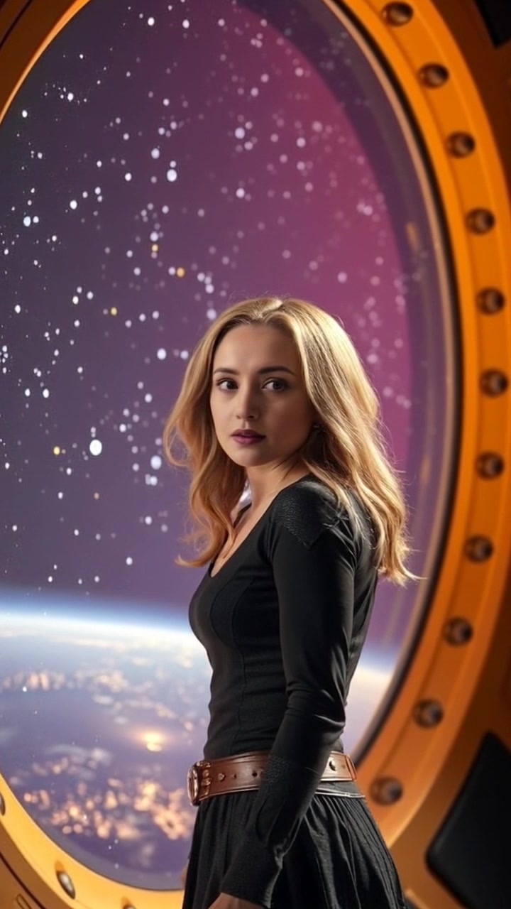 Subject: A person named Ashley standing near a large viewport. Subject movement: Ashley shifts slightly, adjusting her stance while gazing out at the stars with a concerned expression. Scene: Inside a sleek, futuristic spacecraft, the luminous stars twinkling beyond the large viewport. Style: Soft, ambient lighting that accentuates the spacecraft's high-tech interior. Motion: Camera slowly pushes in on Ashley, capturing her contemplative demeanor as the vastness of space twinkles behind her, creating a sense of depth and wonder.