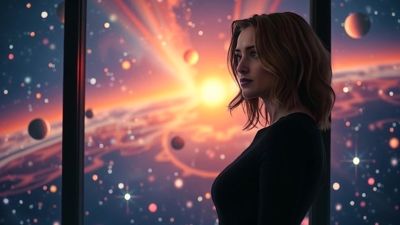 Subject: A woman standing by a large window. Subject movement: She gazes contemplatively out into the cosmos, her silhouette softly illuminated by the starlight. Scene: A cozy indoor setting with celestial views framed by the window. Style: Soft ambient lighting accentuating the serene atmosphere. Motion: The camera slowly zooms in on her profile, capturing the depth of her expression and the vastness of the universe beyond.