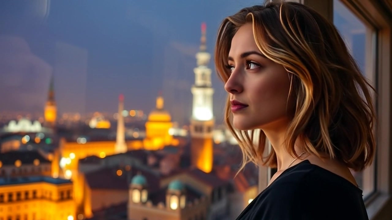 Subject: A young woman named Ashley gazing out of a window, her eyes reflecting dreams of the future. Scene: Inside a cozy room with soft lighting, a picturesque view of the Verona skyline through the window. Motion: The camera pushes in gently on Ashley's face, capturing the depth of her reflection, while the skyline transitions from day to dusk outside, casting warm, inviting hues that fill the room.