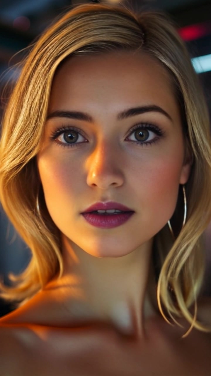 Subject: A young woman named Ashley, gazing inquisitively. Scene: An intimate setting with soft, colorful party lights glowing in the background, creating a festive atmosphere. Lighting: Warm, inviting glow from the fairy lights enhancing the mood. Motion: Camera begins with a close-up of Ashley's face, smoothly pushing in slightly to capture her curious expression, while the party lights softly twinkle behind her.