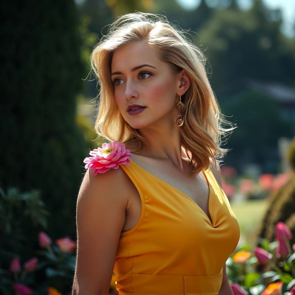 Subject: A young woman named Ashley standing in a sunlit garden, holding a flower. Subject movement: She gently sways side to side, lost in thought while gazing into the distance. Scene: A vibrant garden filled with colorful flowers and lush greenery under the warmth of the midday sun. Lighting: Bright, warm sunlight illuminating the scene, creating a cheerful atmosphere. Motion: The camera slowly pushes in on Ashley, capturing the serene expression on her face and the delicate details of the flower she holds.