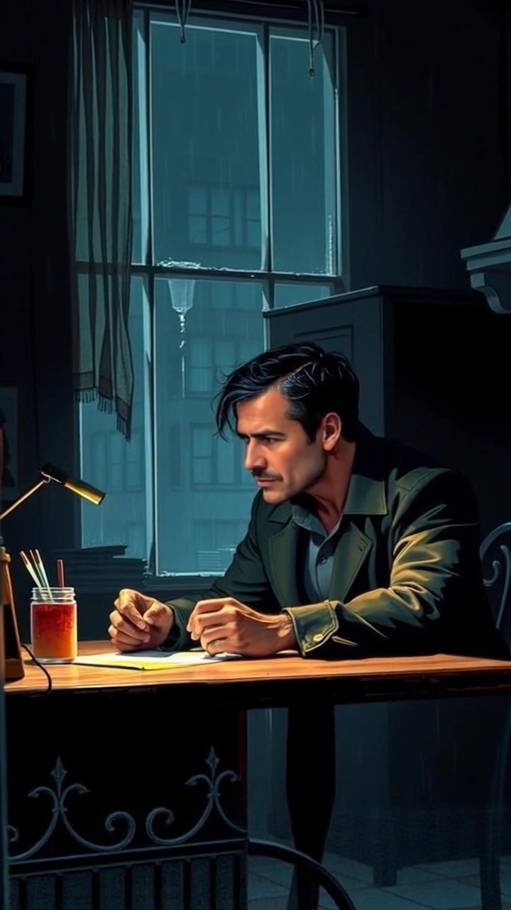 Subject: A person sitting at a wooden desk in a dimly lit room, looking contemplative. Subject movement: They slowly gaze out of a window, lost in thought, with occasional shifts in posture. Scene: A cozy, intimate room filled with shadows and soft light, highlighting the contours of the desk and surrounding decor. Style: Dim ambient lighting that creates a warm, reflective atmosphere. Motion: The camera slowly zooms in on the person's face, capturing subtle expressions of contemplation as soft light dances across their features.