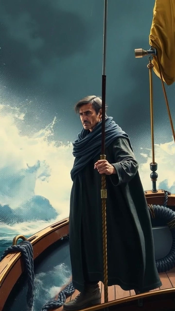 Subject: A determined figure standing in a small boat. Subject movement: The figure stands firmly against the crashing waves, bracing against the high winds. Scene: Rough seas and stormy weather surround the boat, the horizon obscured by dark clouds. Style: Dramatic lighting highlighting the splashes of water and the intensity of the scene. Motion: Camera captures a close-up of the figure, then pulls back to reveal the churning ocean, emphasizing the scale of the storm.