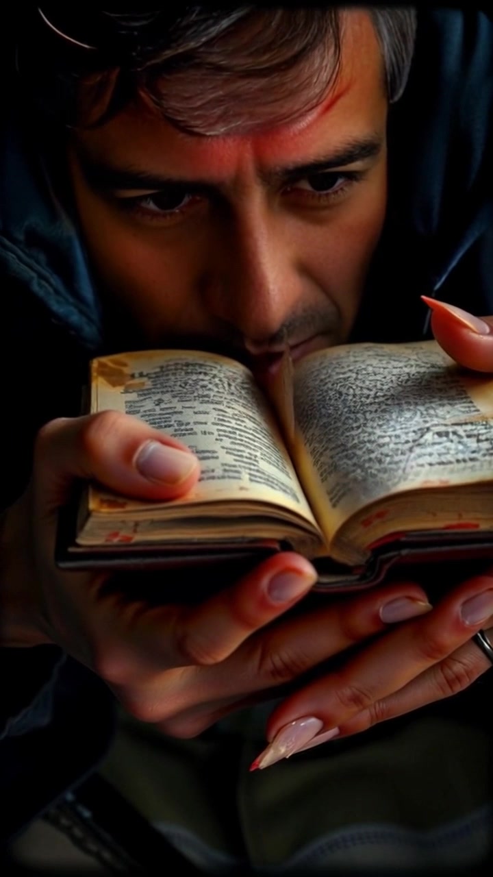 Scene: A close-up view of hands gripping a worn-out book, revealing its ancient pages filled with intricate text and illustrations. Style: Warm, vintage lighting accentuating the textures of the pages and the skin of the hands. Motion: The camera gently pushes in, focusing on the delicate details of the book as the hands turn a page, creating a sense of intimacy and discovery.