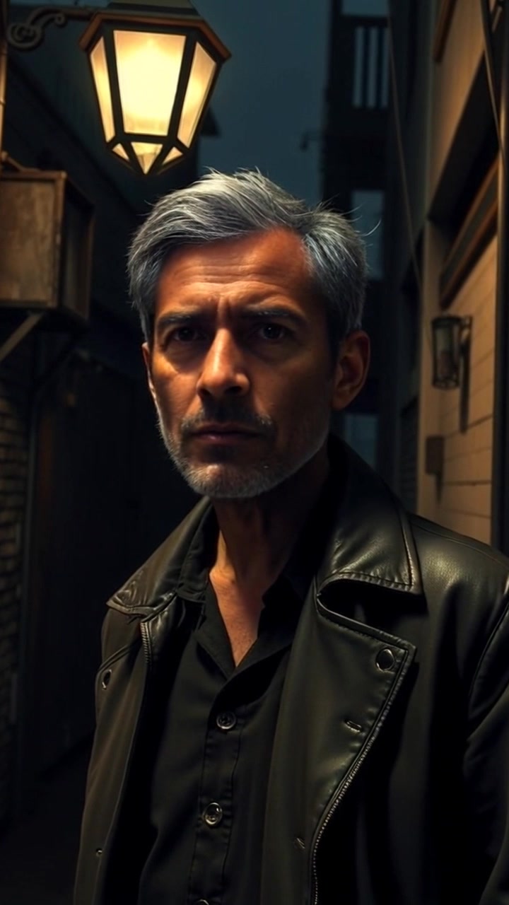 Subject: A man standing in a dark alley. Subject movement: The man shifts nervously as he strains to listen, his expression tense and focused. Scene: A narrow, dimly lit alley illuminated by a single lamp, shadows creeping along the walls. Style: Harsh, contrasting light emphasizing the man's worried demeanor against the darkness. Motion: The camera slowly pushes in on the man's face, capturing the nuances of his concern, while the background fades into obscurity.