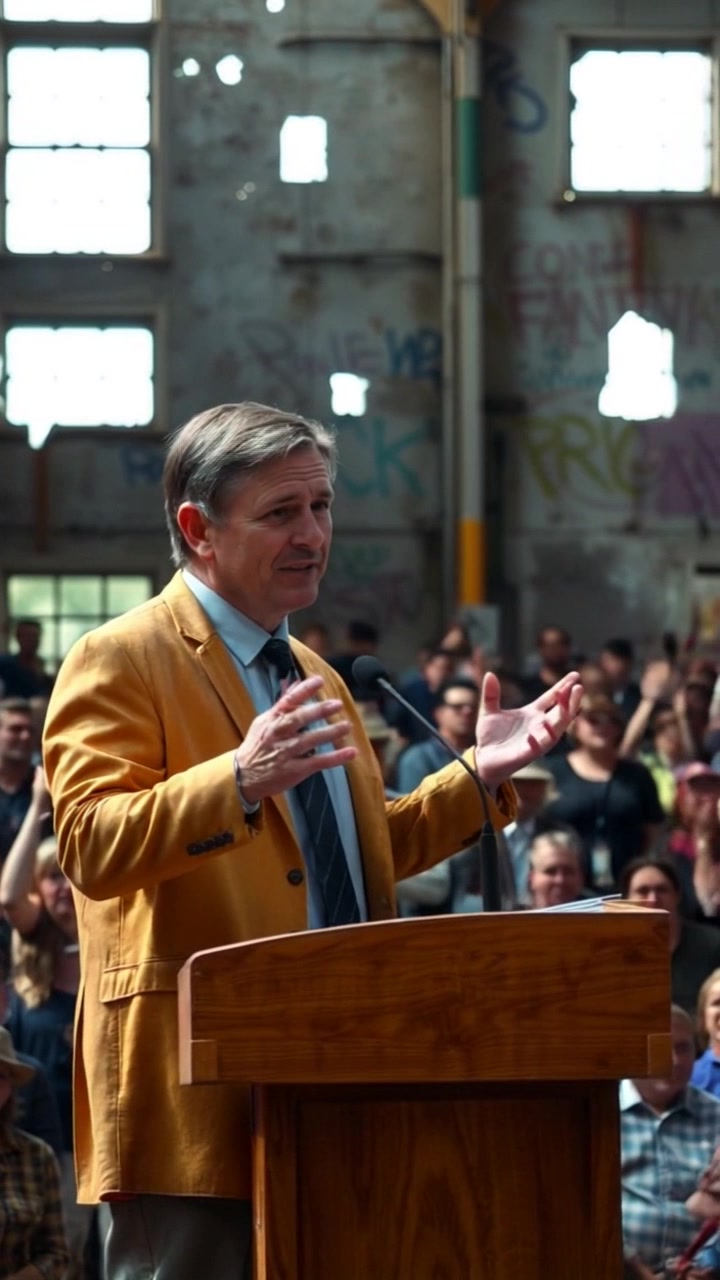 Subject: A speaker confidently addressing an engaged crowd from a podium. Subject movement: The speaker gestures passionately while delivering their speech, with the audience cheering and applauding in response. Scene: A vibrant outdoor rally setting with banners and supporters in the background, creating an atmosphere of enthusiasm and unity. Style: Bright daylight illuminating the scene, capturing the excitement of the crowd. Motion: The camera begins with a close-up of the speaker, then smoothly pushes back to reveal the enthusiastic audience, capturing their reactions and energy.