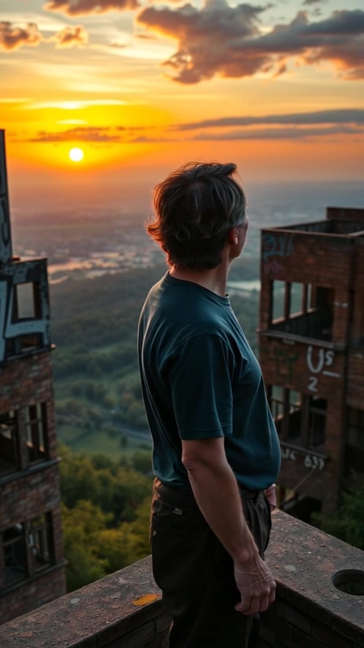 Subject: A figure standing atop a hill. Subject movement: The figure gazes thoughtfully out over the vast valley as a gentle breeze rustles the grass. Scene: A stunning hilltop at sunset, with rich hues of orange and purple spreading across the sky, framing the silhouette of the figure. Motion: The camera performs a slow, sweeping pan across the valley below, capturing the breathtaking landscape bathed in warm light, while the figure remains still, immersed in the serene view.