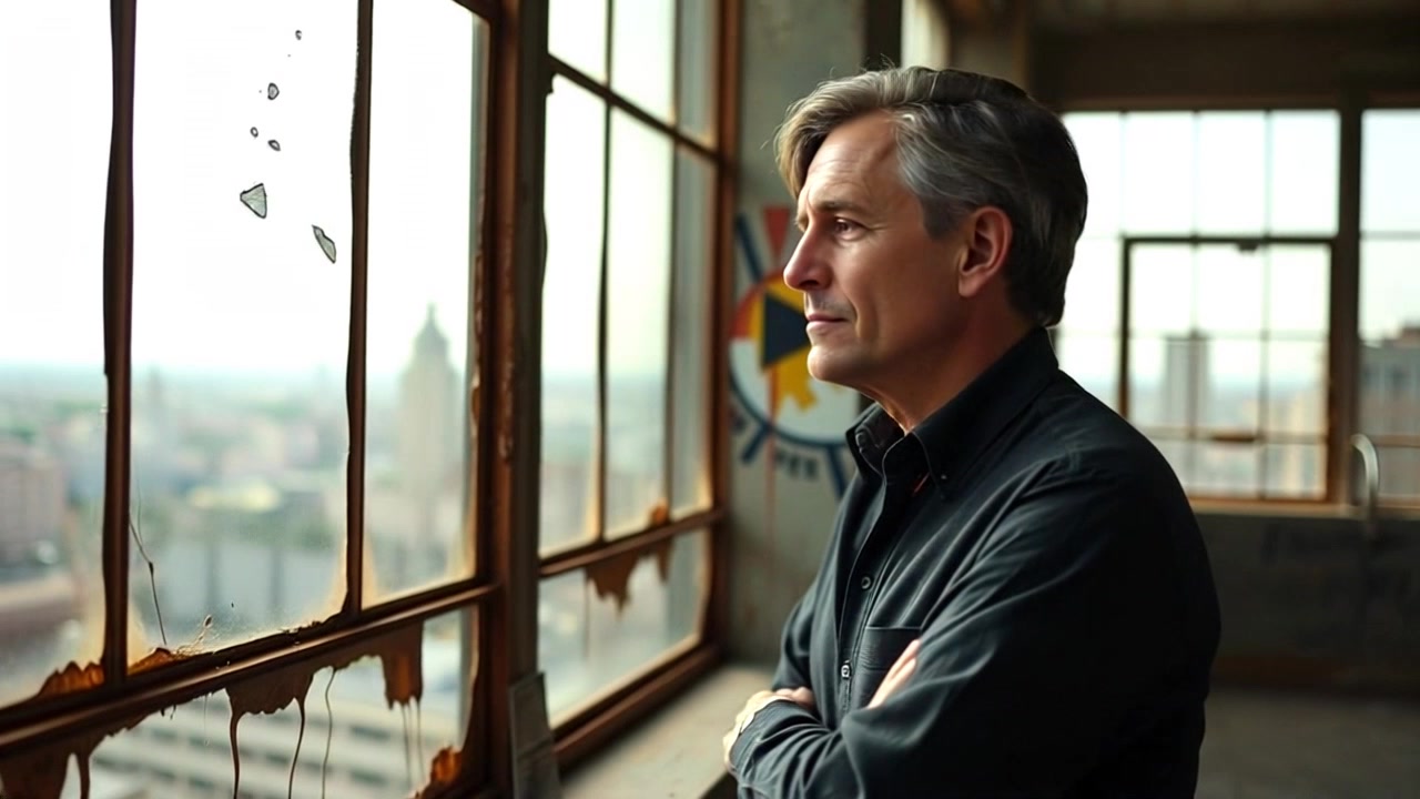 Subject: A person standing by a window. Subject movement: The person gazes pensively out at the cityscape as light flickers across their face. Scene: A modern urban apartment with large windows, showcasing a sprawling city view bathed in the soft glow of dawn. Lighting: Morning light flooding the room, casting gentle shadows. Motion: Camera slowly pushes in to capture the peaceful expression, revealing a silhouette against the vibrant city background.