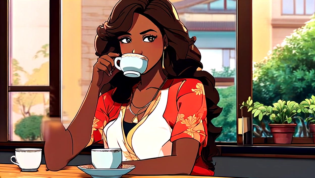 Subject: Ifeoma sitting at a table with a cup of tea. Subject movement: She gently lifts the cup to her lips, taking a slow, thoughtful sip as she gazes out the window. Scene: A cozy, sunlit kitchen with potted plants on the windowsill and warm wooden accents. Style: Soft, natural morning light illuminating the space, creating a serene atmosphere. Motion: The camera pans softly from a close-up of the tea cup to an over-the-shoulder shot, capturing the reflection of Ifeoma's contemplative expression against the window.