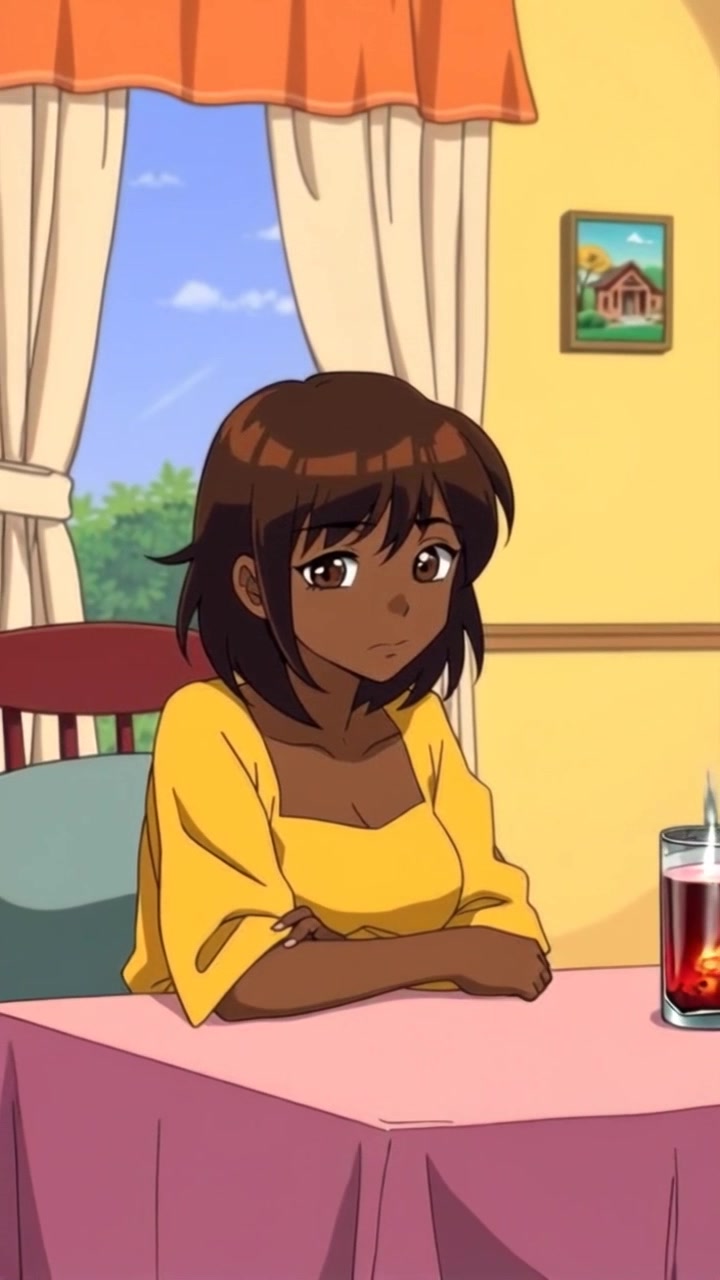 Subject: A woman sitting alone at a dining table, her expression pensive and troubled. Subject movement: She shifts slightly in her seat, her gaze drifting away from the table as if lost in thought. Scene: A cozy dining room, softly lit with warm hues, surrounded by muted colors and simple decor. Motion: Camera gently zooms in on her face, capturing the nuances of her expression, then pans out to reveal the serene yet somber atmosphere of the room, accentuated by the flickering light of a nearby candle.