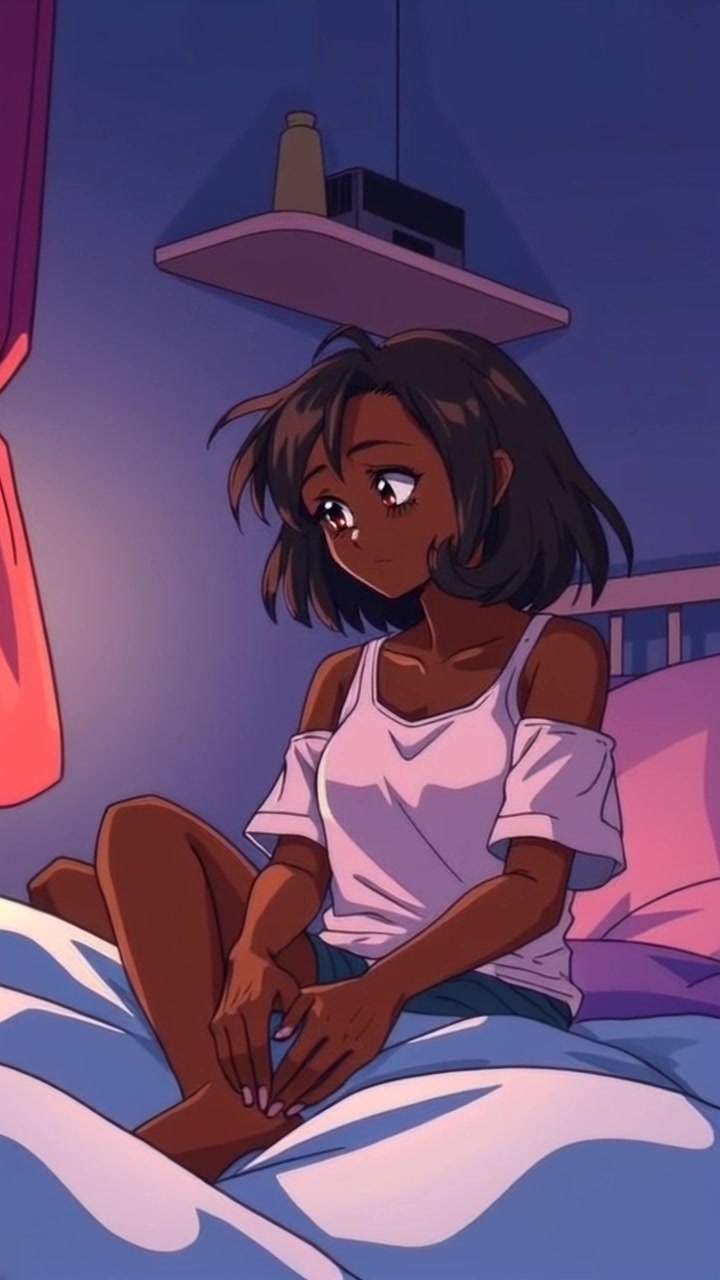 Subject: A young girl, Sweetie, sitting on her bed with a pensive expression. Scene: A dimly lit bedroom, soft shadows cast across the walls, with a hint of light filtering through curtains. Motion: The camera gently pushes in, capturing the intricate details of her contemplative gaze as the atmosphere feels intimate and reflective.