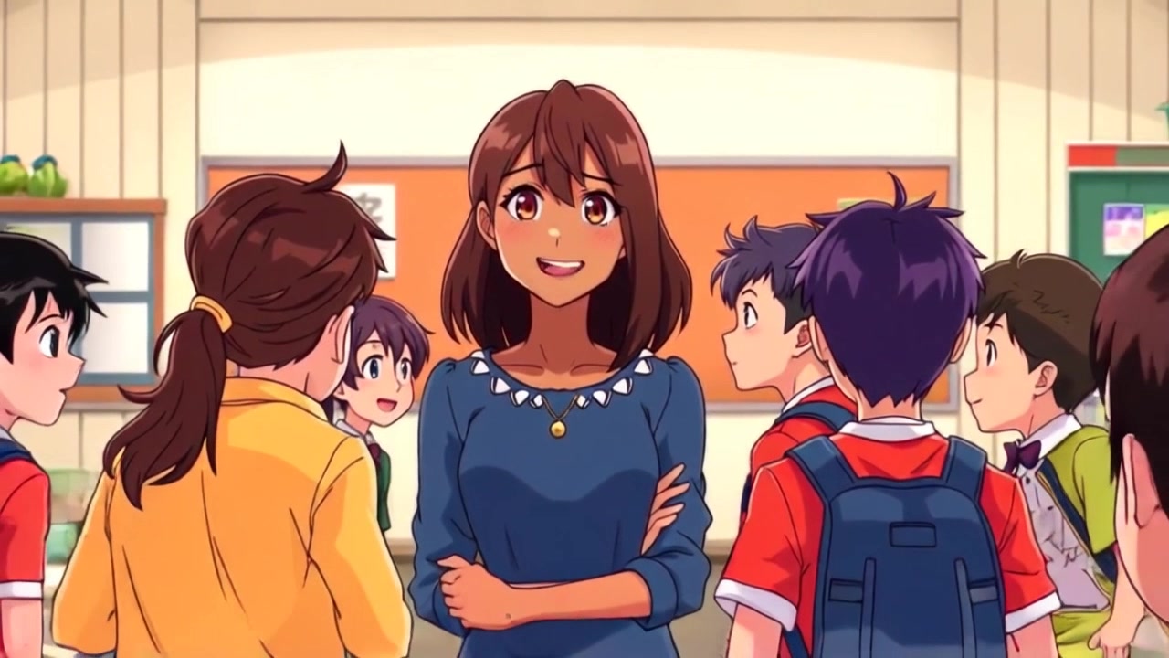 Scene: A vibrant classroom filled with eager children, colorful posters adorning the walls, and sunlight streaming through the windows. Style: Bright, inviting morning light casts soft shadows and creates a cheerful atmosphere. Motion: The camera gently zooms in on the narrator as they enthusiastically greet the children, capturing their excited reactions while panning across the room to include the joyful expressions of the students.