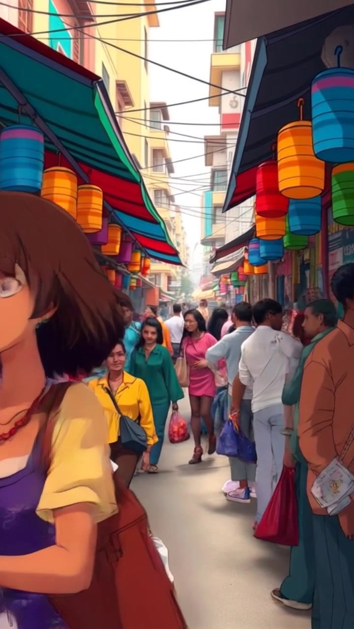 Scene: A vibrant, bustling street in Lagos filled with colorful market stalls and people strolling by, immersed in the lively atmosphere. Style: Bright, natural daylight illuminating the market, enhancing the rich colors of the produce and fabrics. Motion: The camera glides smoothly through the crowd, capturing the dynamic interactions and vibrant energy as it pans left and right, creating a sense of movement and liveliness.
