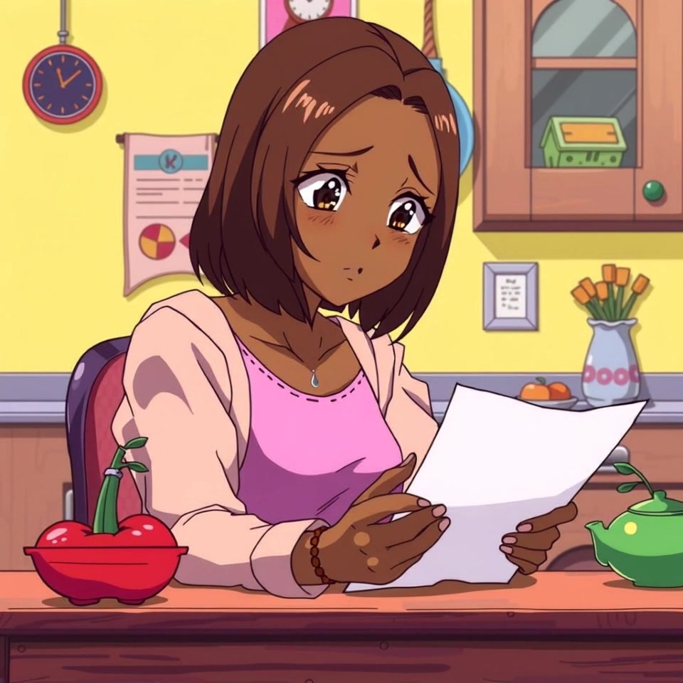 Subject: An aunt sitting at a kitchen table, wearing a puzzled expression as she reads a letter. Subject movement: She shifts her gaze between the letter and the table, occasionally furrowing her brow in confusion. Scene: A cozy kitchen filled with warm, inviting colors, wooden cabinets, and sunlight streaming through the window. Lighting: Soft morning light illuminates the scene, creating a warm atmosphere. Motion: The camera slowly dolly in on her face to capture the nuances of her expression, then pans to reveal the kitchen setting around her.