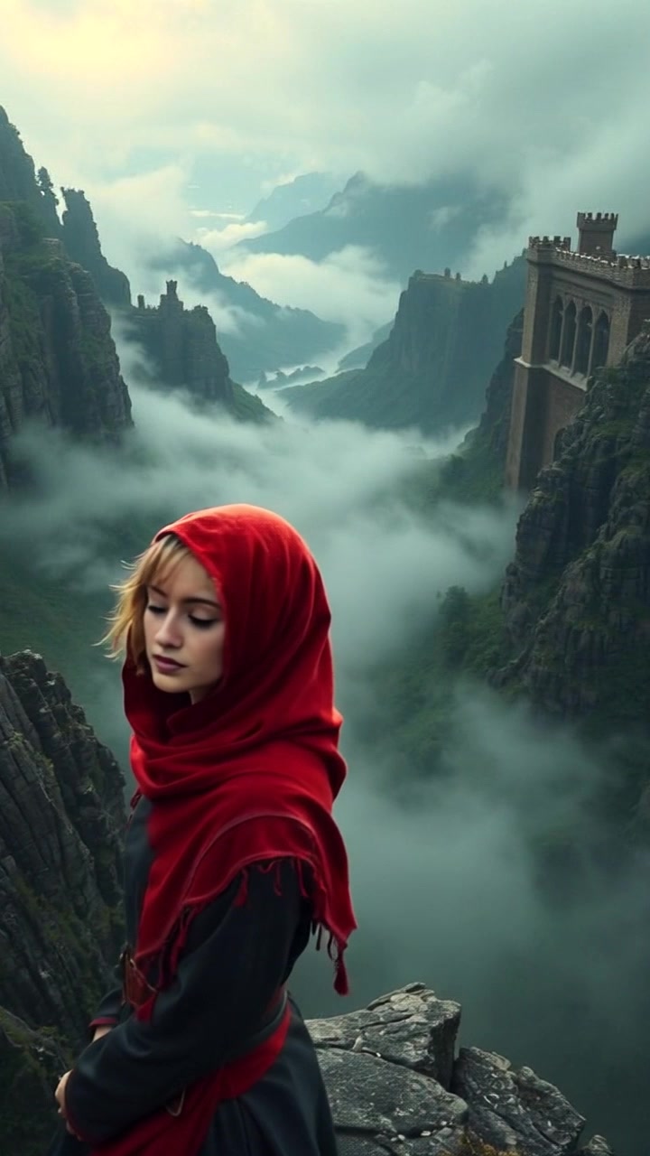 Subject: A person standing on a cliff. Subject movement: The individual turns slightly to gaze thoughtfully over the misty valley below, their hair blowing gently in the breeze. Scene: A dramatic cliffside overlooking a foggy valley, with distant mountains barely visible in the haze. Style: Soft, diffused light creates a mystical atmosphere while the clouds swirl below. Motion: The camera slowly pushes in from a distance, capturing the vastness of the landscape as the person contemplates their surroundings.